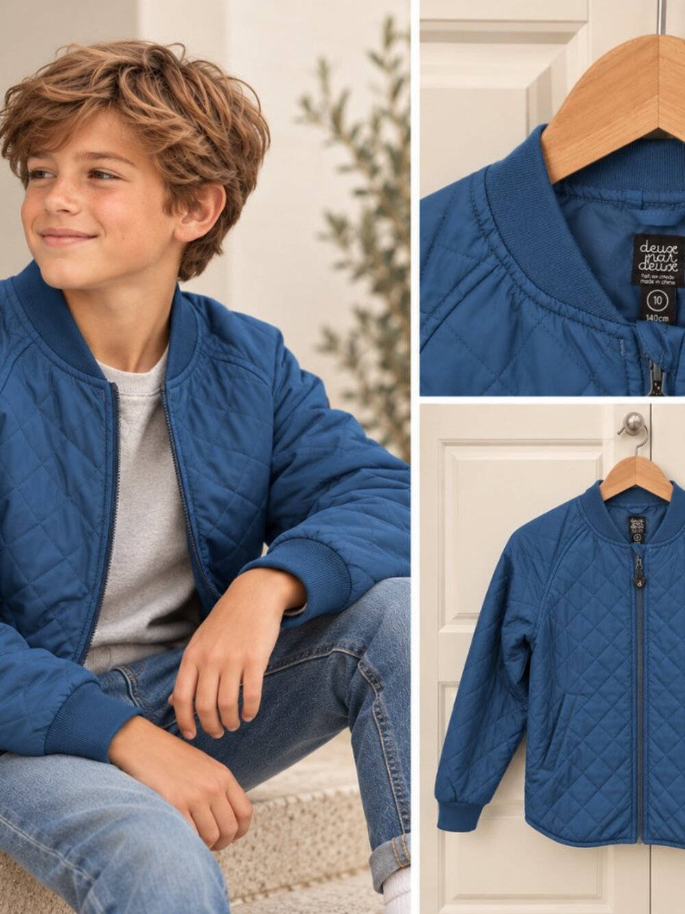 Deux par Deux Boys' Blue Quilted Bomber Jacket | Size 10